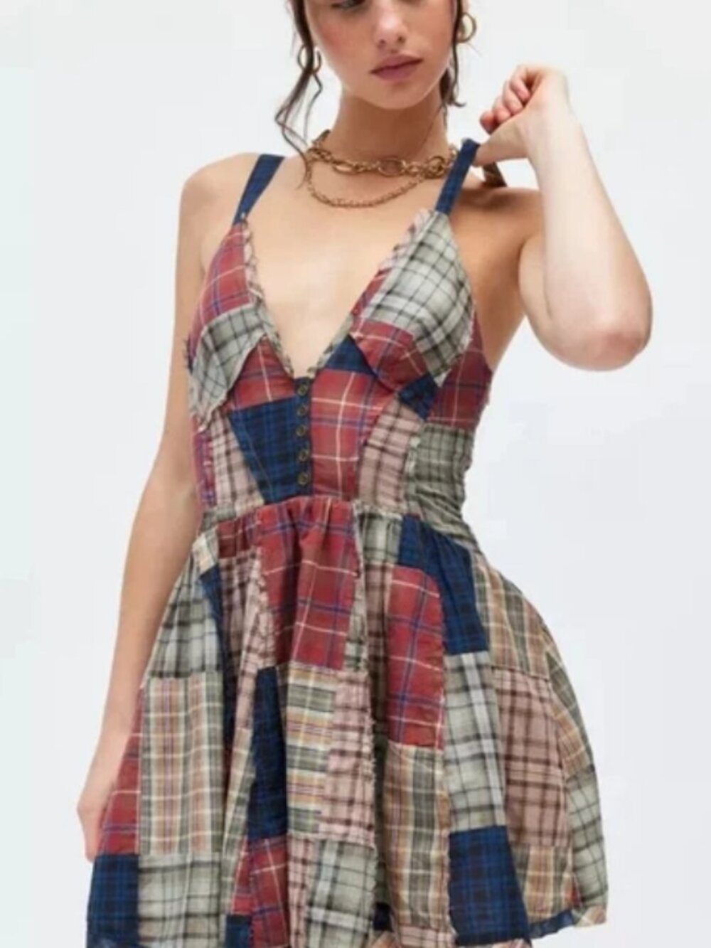 BDG Bryn Plaid Patchwork Fit & Flare Mini Dress Sleeveless S